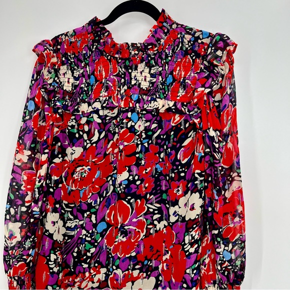 J.Crew Smocked Popover Top Lurex Dot Floral Blouse Top Ruffle Metallic S - Picture 5 of 11